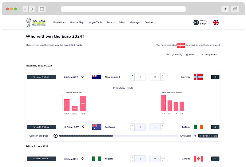 Entrée des prédictions du pronostiqueur de football